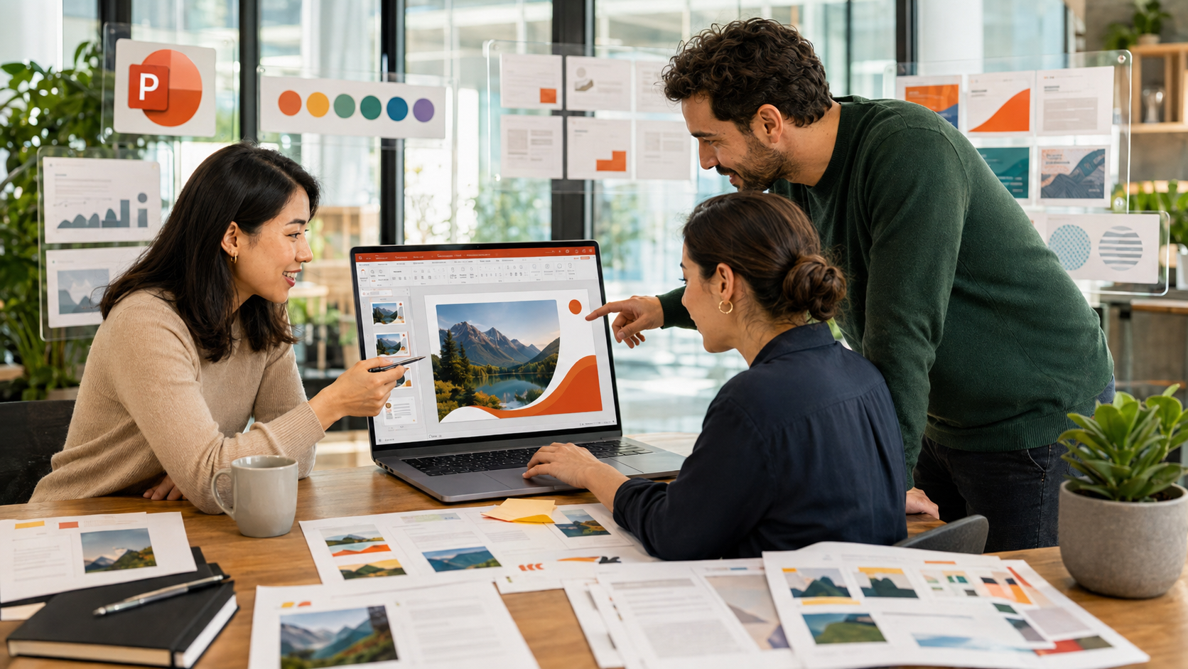 Personas diseñando una presentación de PowerPoint en una computadora, acompañadas por elementos visuales que representan distintos diseños de diapositiva, colores, tipografías, imágenes y estructura de la presentación.